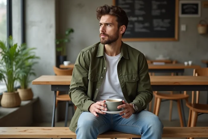 Homme stylé en veste chore jacket olive assis dans un café minimaliste nordique, inspiration mode masculine casual chic