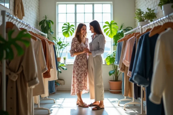 Deux femmes tendance faisant du shopping dans une boutique vintage lumineuse, conseils mode et inspirations look stylé au quotidien