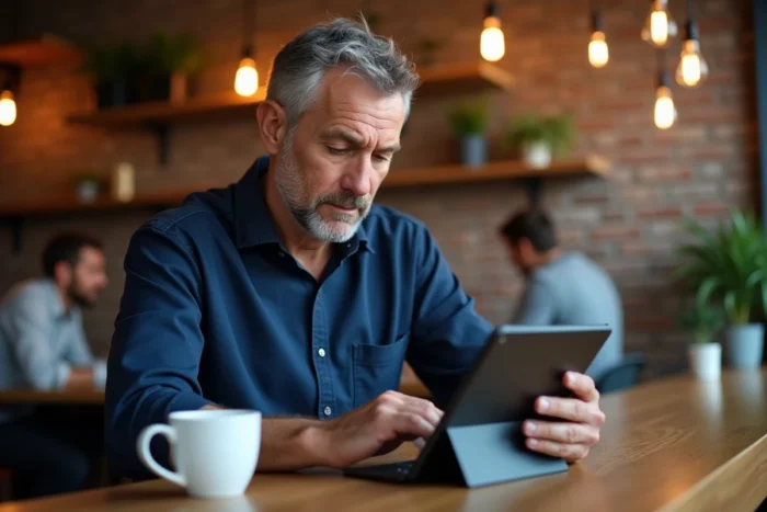 Homme consultant les informations clés et tendances web sur une tablette dans un espace de coworking