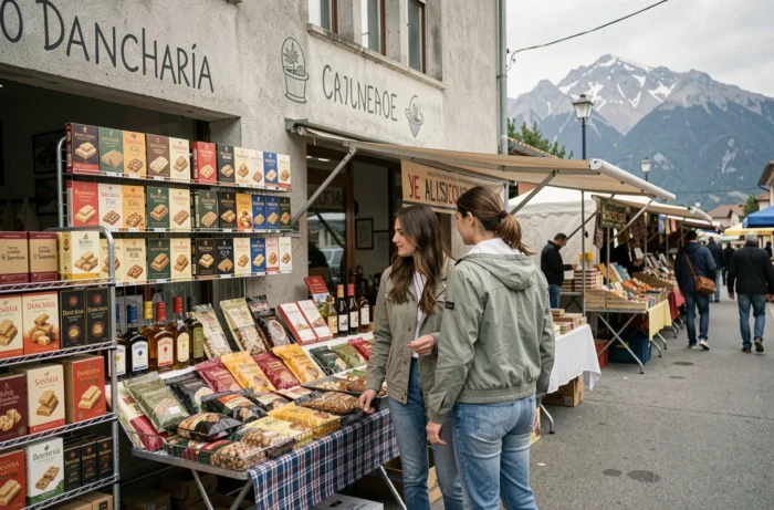 Couple de touristes français faisant leurs achats dans un marché de venta à Dancharia, Espagne, avec des produits spéciaux espagnols exposés en plein air