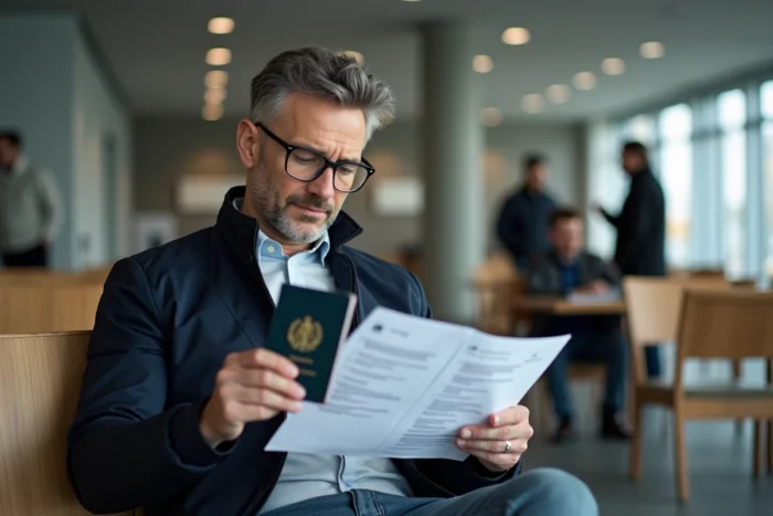 Homme vérifiant ses documents pour une demande de visa belge dans une salle d'attente administrative