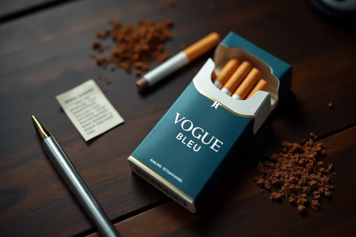 Flat lay d'un paquet de Vogue Bleu ouvert sur bureau en chêne avec cigarette et ticket de caisse