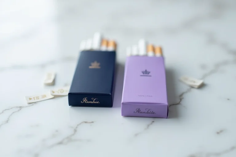 Deux paquets de cigarettes Vogue Bleu et Lilas côte à côte sur marbre blanc avec étiquettes de prix