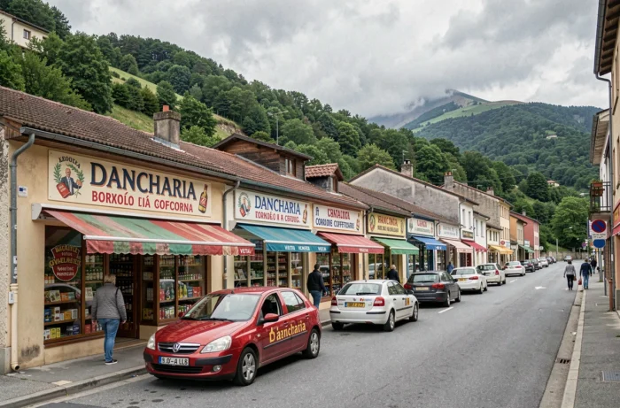 Vue extérieure du quartier commercial de Dancharia en Espagne, avec les devantures des ventas et les voitures garées le long de la route pyrénéenne