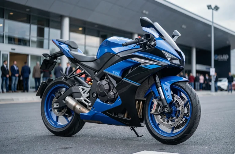 Nouvelle Yamaha R9 sport moto en coloris bleu et noir présentée lors d'un événement de lancement officiel